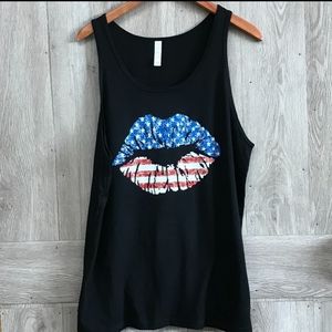 USA Flag Kiss Lips Black Tank Top